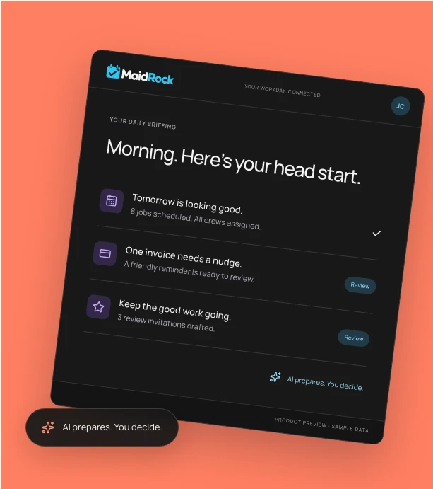 MaidRock AI briefing with schedule, invoice, and review examples